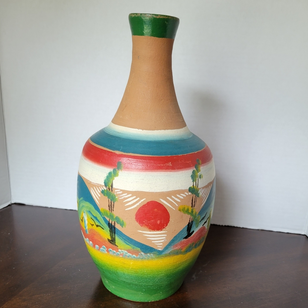 Vintage Tepoztlan Mexico Signed Folk Art Pottery Vase